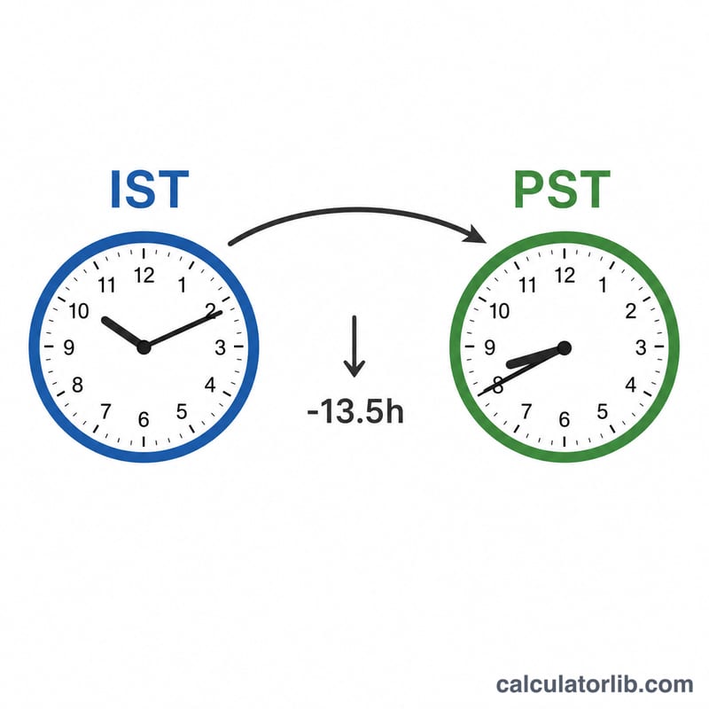 Two clocks showing the 13.5 hour offset from IST to PST
