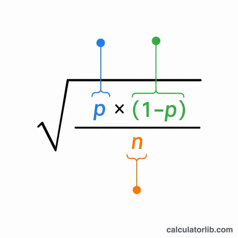 Diagram of the standard error of a proportion formula with labeled parts