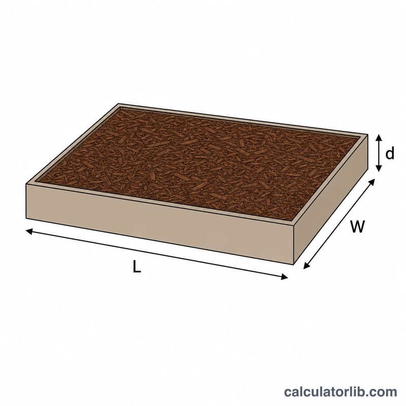 Rectangular mulch bed showing length, width, and depth dimensions