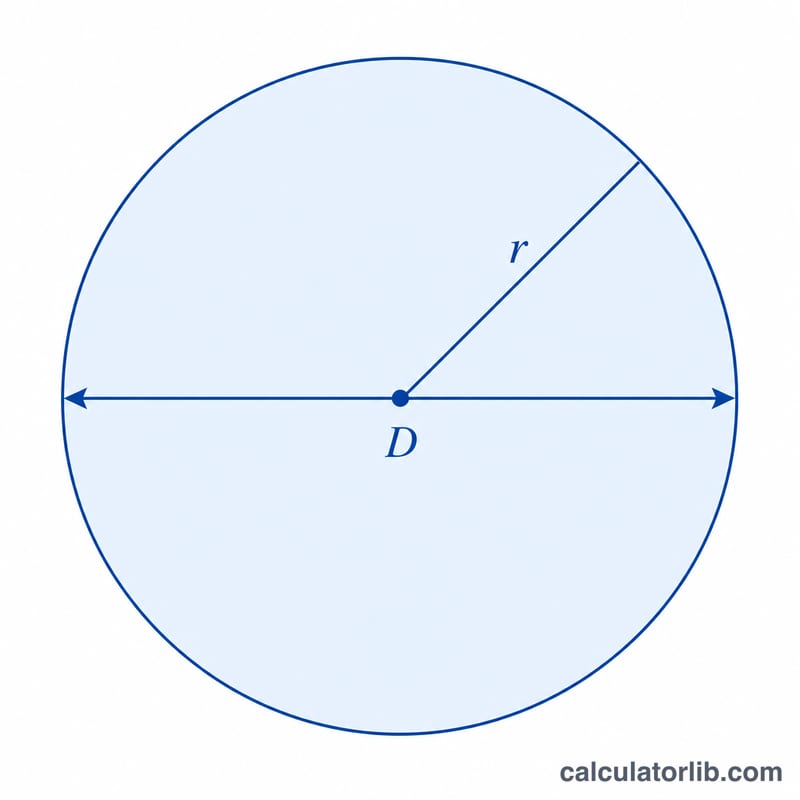Circle with diameter D and radius r marked, showing shaded interior area