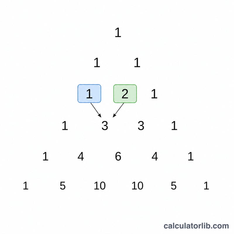 Треугольник Паскаля с первыми несколькими строками, где каждое число образуется сложением двух чисел сверху