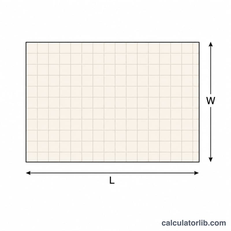 Rectangle with length L and width W showing area as a grid of unit squares