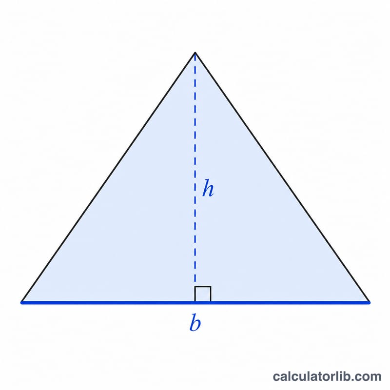 Triangle showing base b along the bottom and perpendicular height h from apex to base