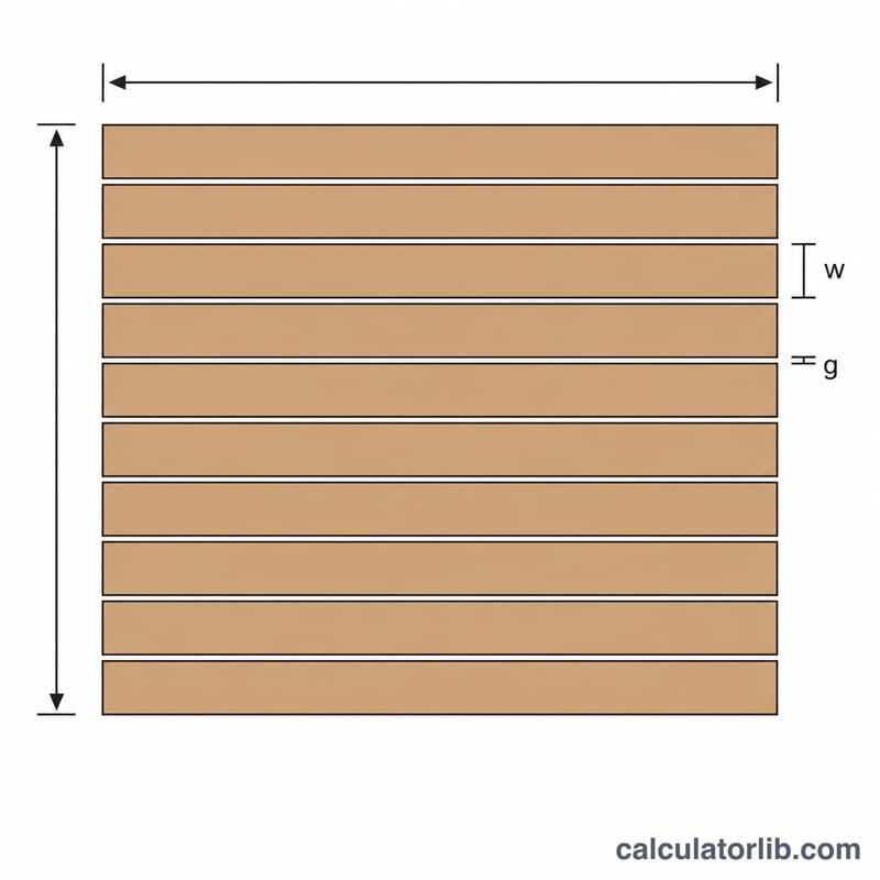 Top-down diagram of deck boards laid in rows with gaps, showing deck length, deck width, board width, and gap dimensions