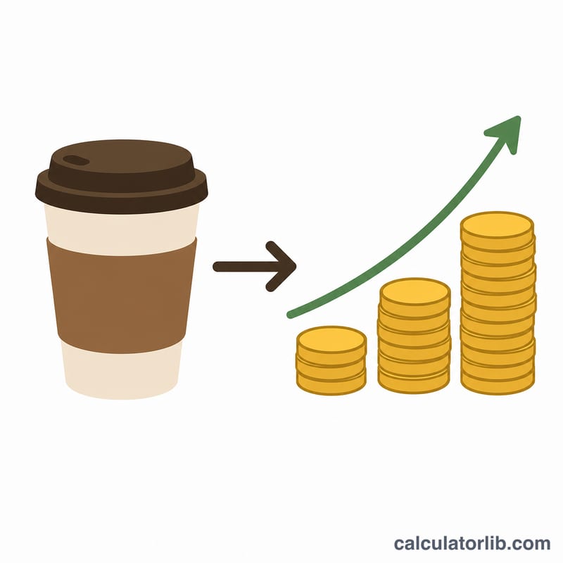 A coffee cup transforming into a stack of coins and an upward growth arrow