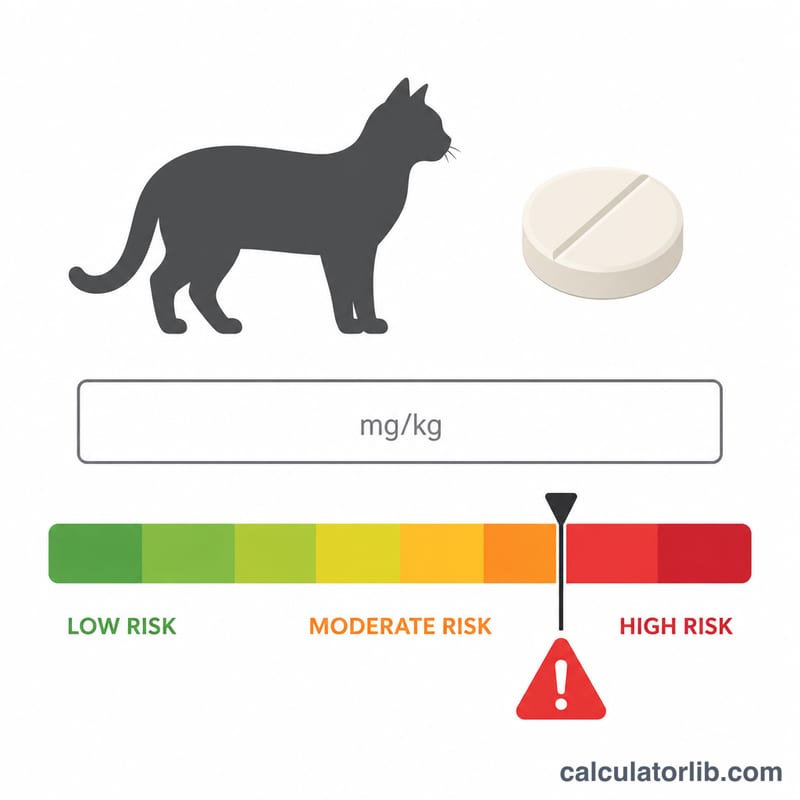 Diagrama plano de un gato, una pastilla de paracetamol y un medidor de umbral tóxico bajo