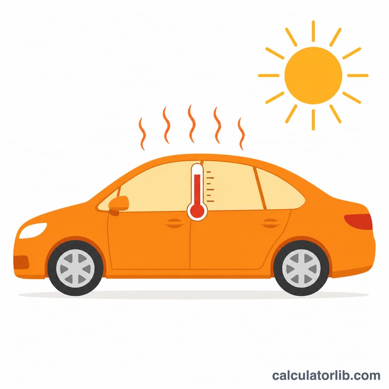 Parked car in sunlight with a rising thermometer inside the cabin