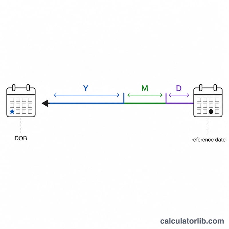 Timeline showing subtraction of years, months and days from a reference date back to date of birth
