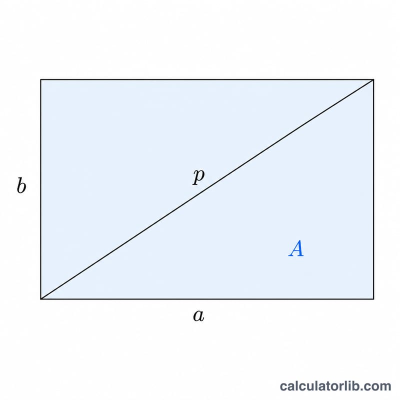 Rectangle with sides a and b, diagonal p, and shaded interior area A