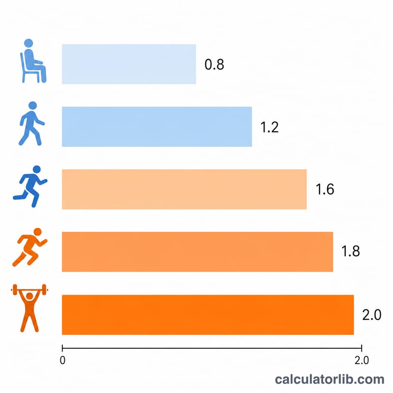 Biểu đồ cột về hệ số protein trên mỗi kilôgam cho năm mức độ vận động