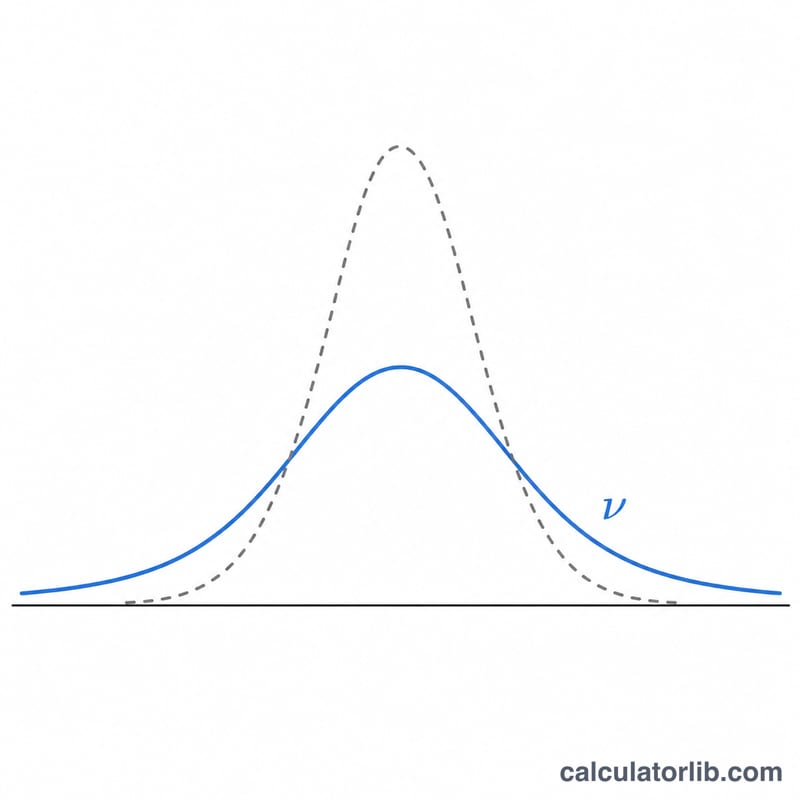 Bell-shaped Student's t-distribution curve compared with a normal curve, showing heavier tails