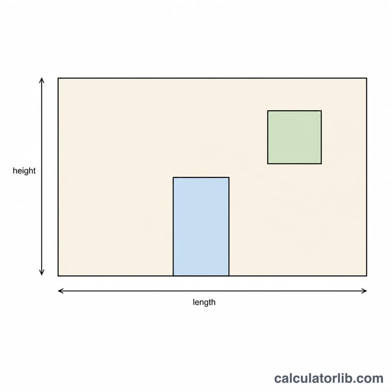 Rectangular wall with length and height dimensions and a door and window marked as subtracted openings