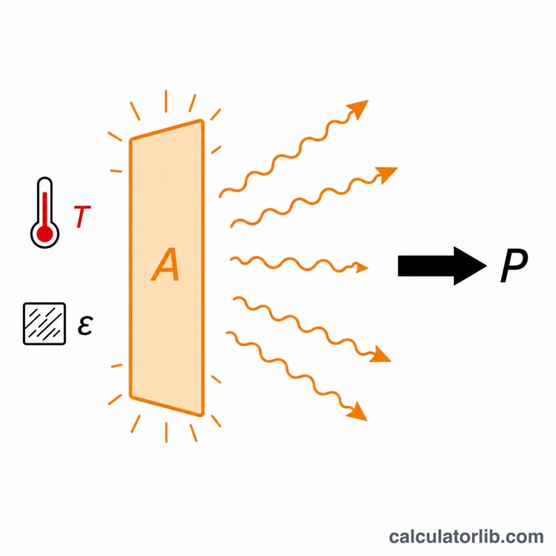 Diagram of a warm surface emitting radiation arrows, with symbols for area, temperature and emissivity feeding into radiated power