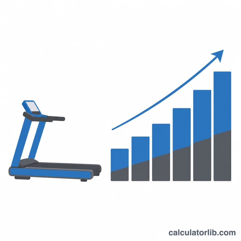 Treadmill with rising steps showing increasing speed and incline over time stages