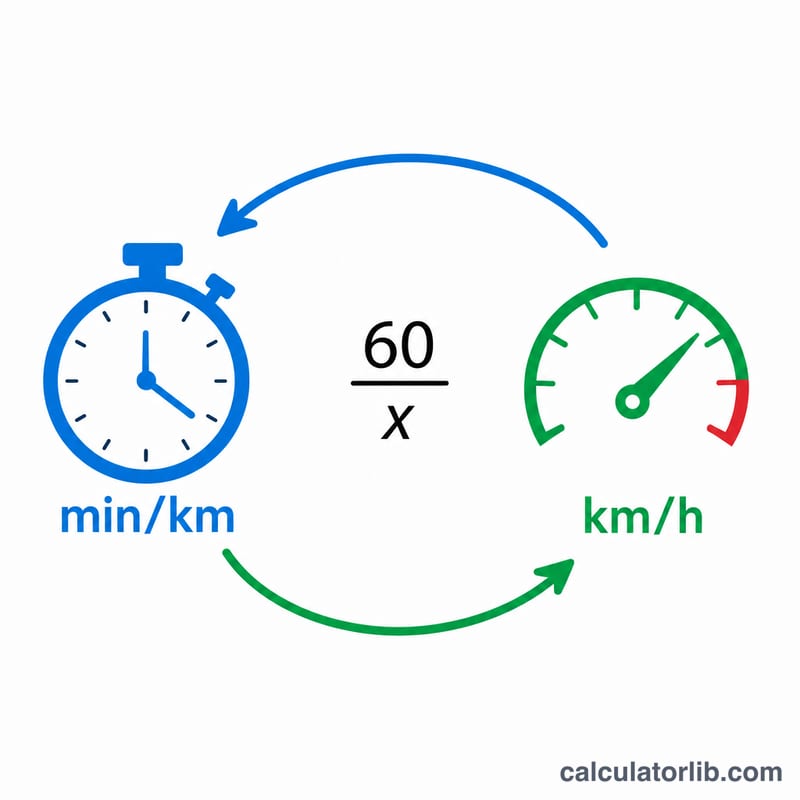 Diagram linking pace in min/km to speed in km/h via the formula 60 divided by pace
