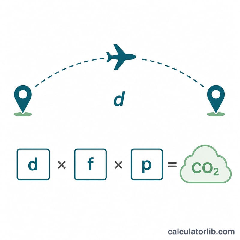 Diagram showing flight distance multiplied by emission factor and passengers equals CO2