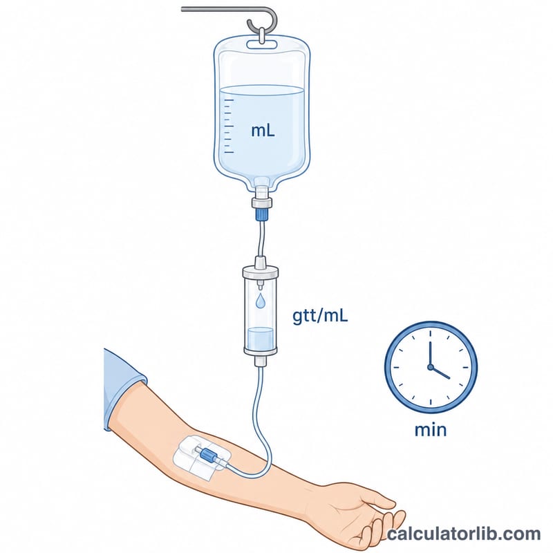 Diagrama de un equipo intravenoso que muestra la bolsa de líquido, la cámara de goteo con una gota cayendo, el tubo y las tres variables de la fórmula