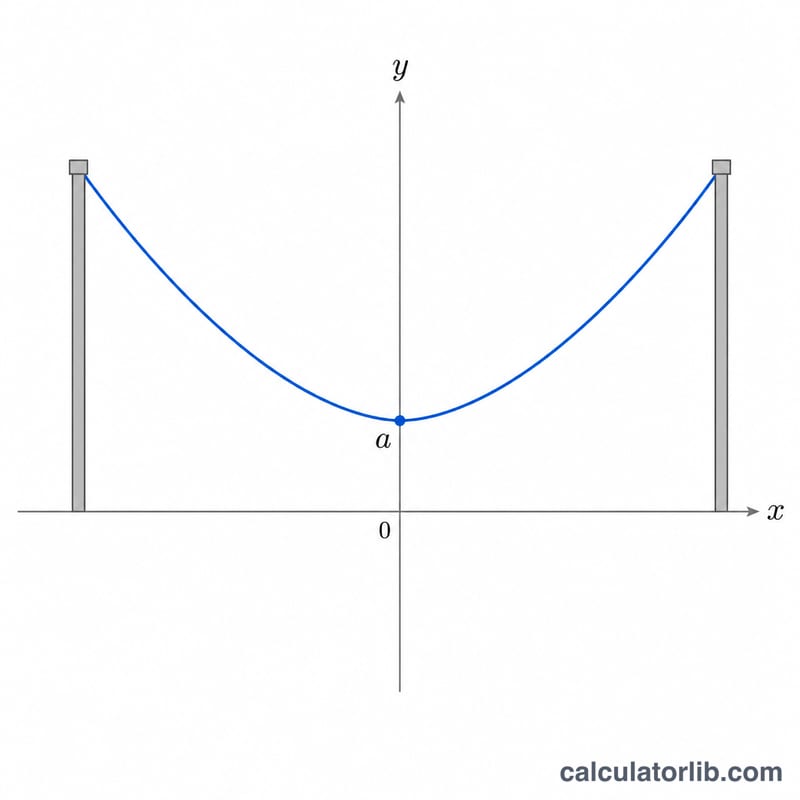 Symmetric catenary curve hanging between two equal-height supports with its lowest vertex on the y-axis