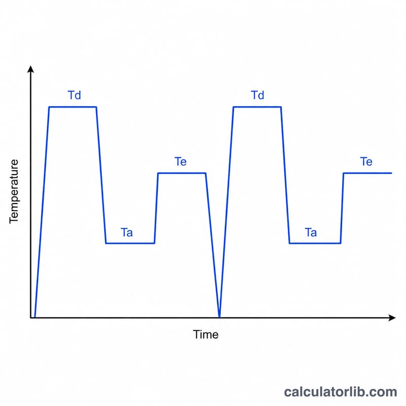 PCR thermal cycle profile showing denaturation, annealing, and extension temperature steps