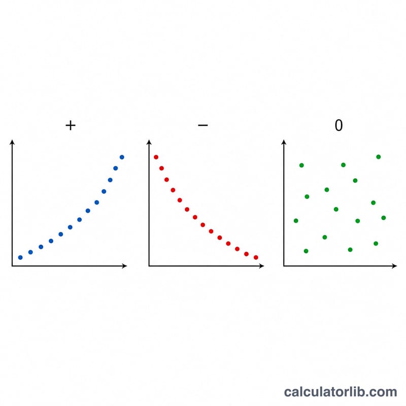 Three small scatter plots showing monotonic increasing, monotonic decreasing, and no rank relationship
