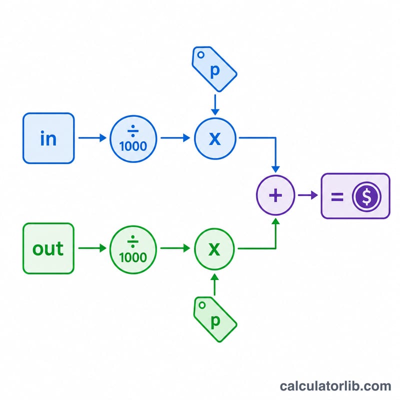 Diagram showing input and output token counts each divided by 1000, multiplied by their per-1K prices, then summed to a total cost