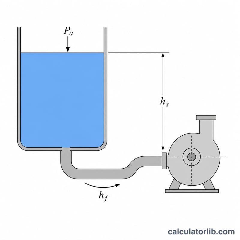 Cross-section of a pump suction system showing tank, suction pipe, pump and the head components contributing to NPSH
