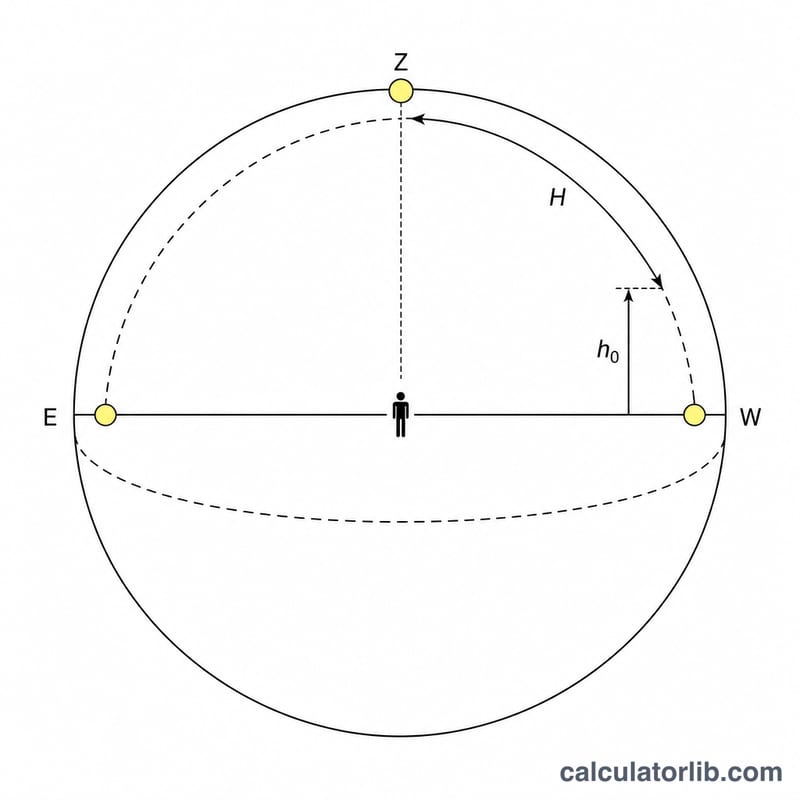 Diagram of the sun's daily arc with rise, transit and set points and the hour angle H