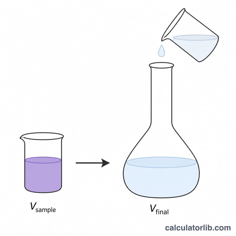 Diagram showing a small sample volume added to a larger final volume of liquid in a flask, illustrating fold dilution