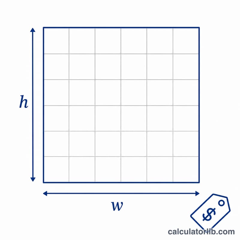 Rectangle with width and height labeled, divided into a grid of unit squares, with a price tag