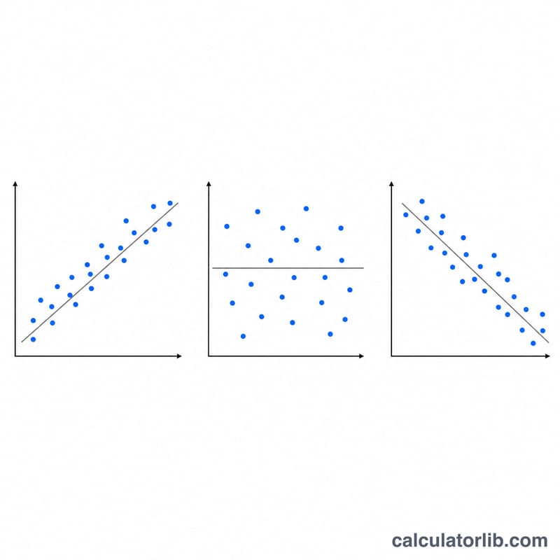 Three scatter plots showing positive, negative and no linear correlation