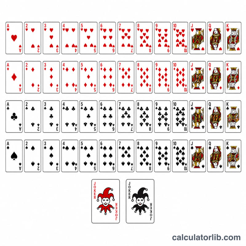 Standard 52-card deck arranged by suit and rank with two jokers