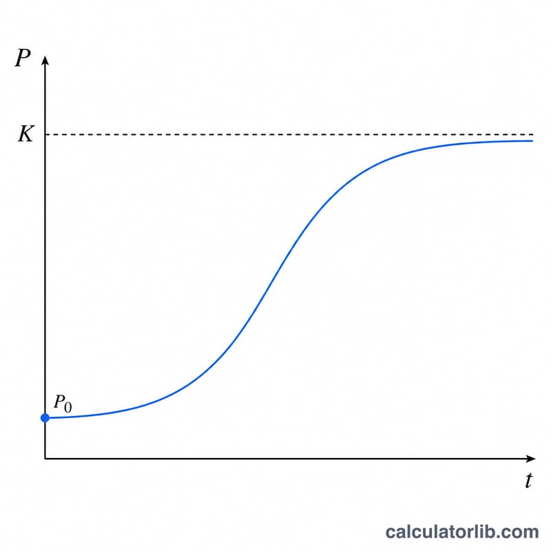 S-shaped logistic growth curve rising toward a horizontal carrying-capacity line