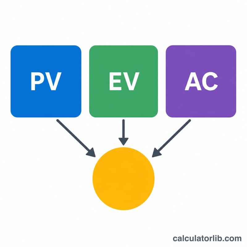 Diagrama que muestra PV, EV y AC como tres valores que convergen en un punto de estado del proyecto