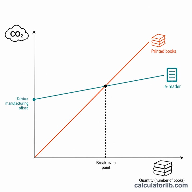 종이책 CO2가 가파르게 상승하고 전자책 선은 더 높은 곳에서 시작해 완만하게 올라가 손익분기점에서 교차하는 선 그래프