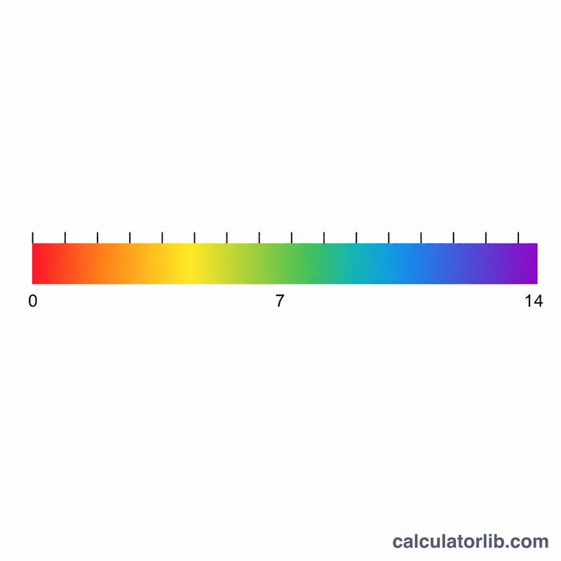 pH scale from 0 to 14 colored from red acidic through green neutral to purple basic, with hydrogen ion concentration relationship