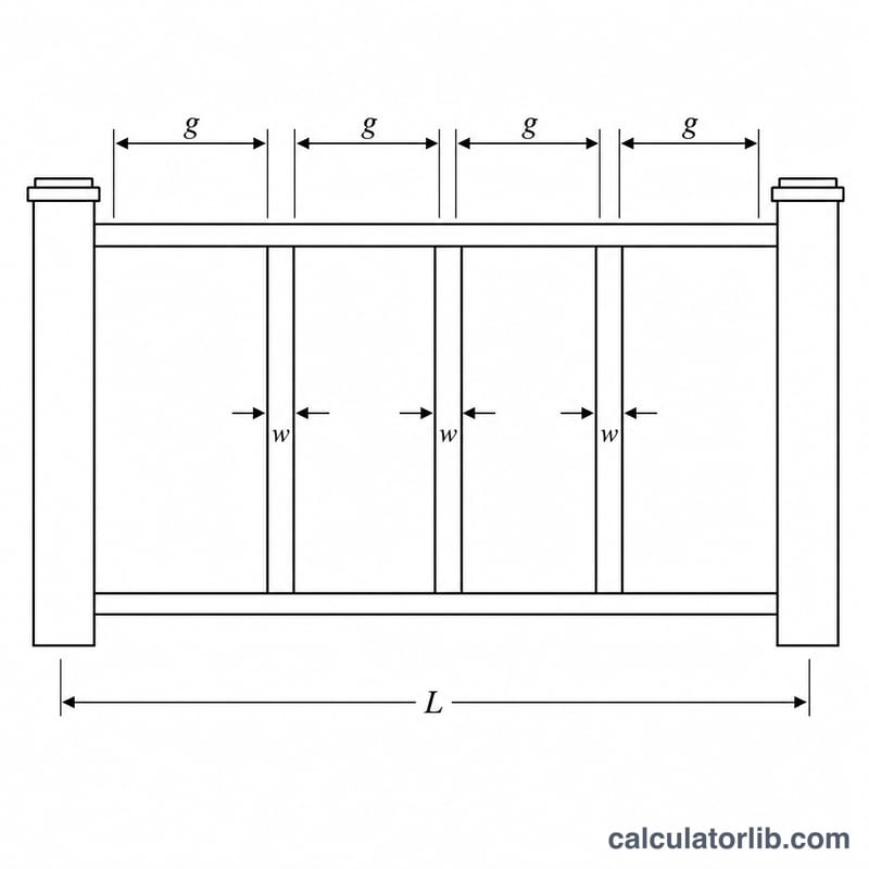 Railing run with evenly spaced spindles showing equal gaps, spindle width, and total run length