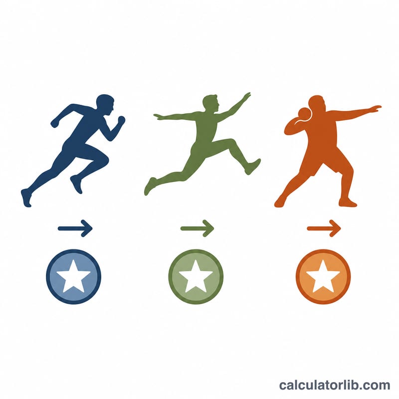 Diagrama que muestra a un atleta corriendo, saltando y lanzando, cada uno convertido en un valor de puntos