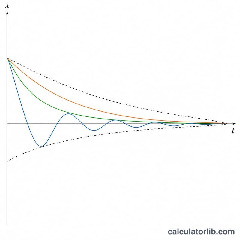 Three damped oscillation curves showing under-, critically, and over-damped decay