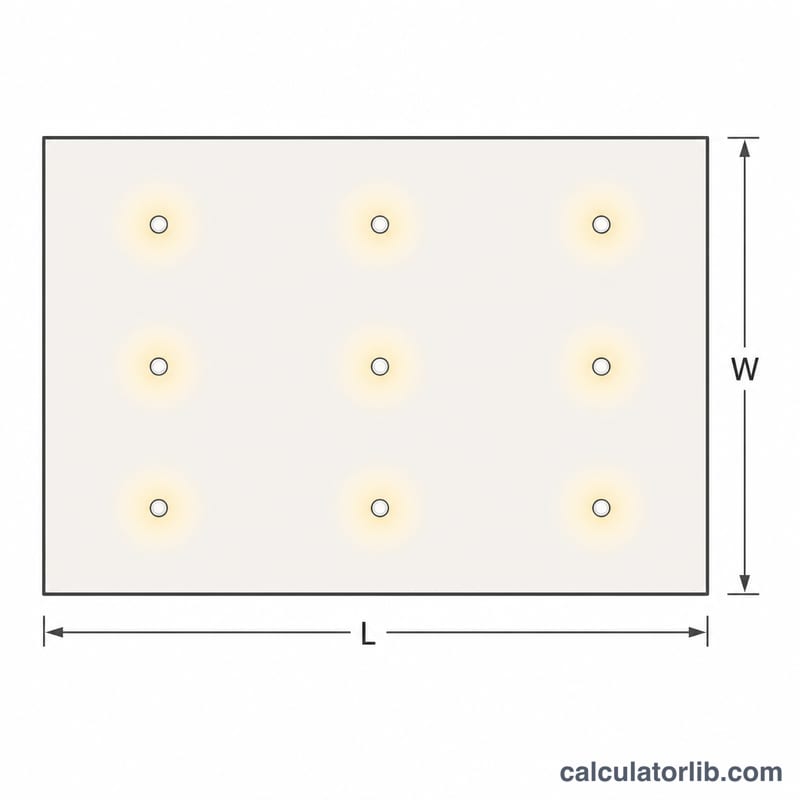 Vue de dessus du plafond d'une pièce rectangulaire avec des spots encastrés disposés en grille régulière