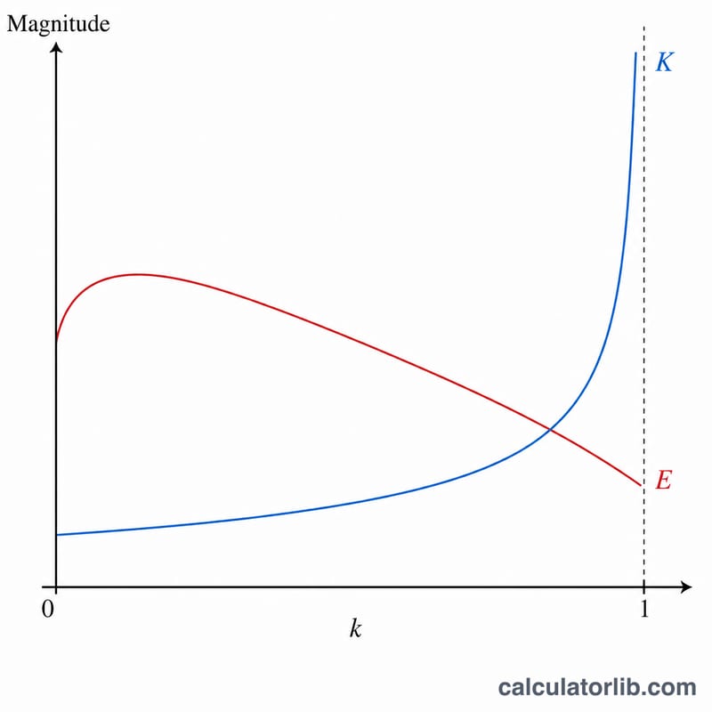 Graphs of K(k) rising to a vertical asymptote and E(k) descending as k goes from 0 to 1