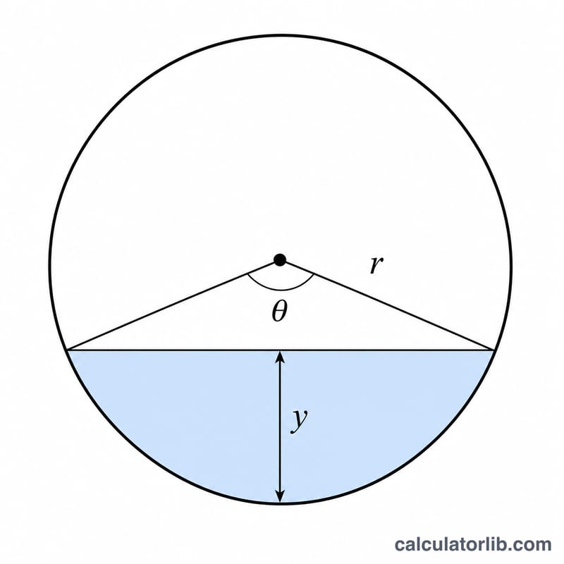 Partially full circular pipe cross-section showing depth, radius and central angle