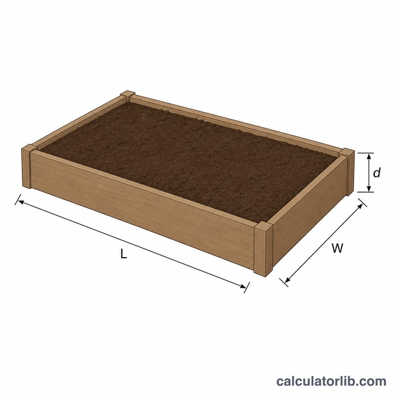 Carré de jardin rectangulaire montrant les dimensions de longueur, largeur et profondeur de terre