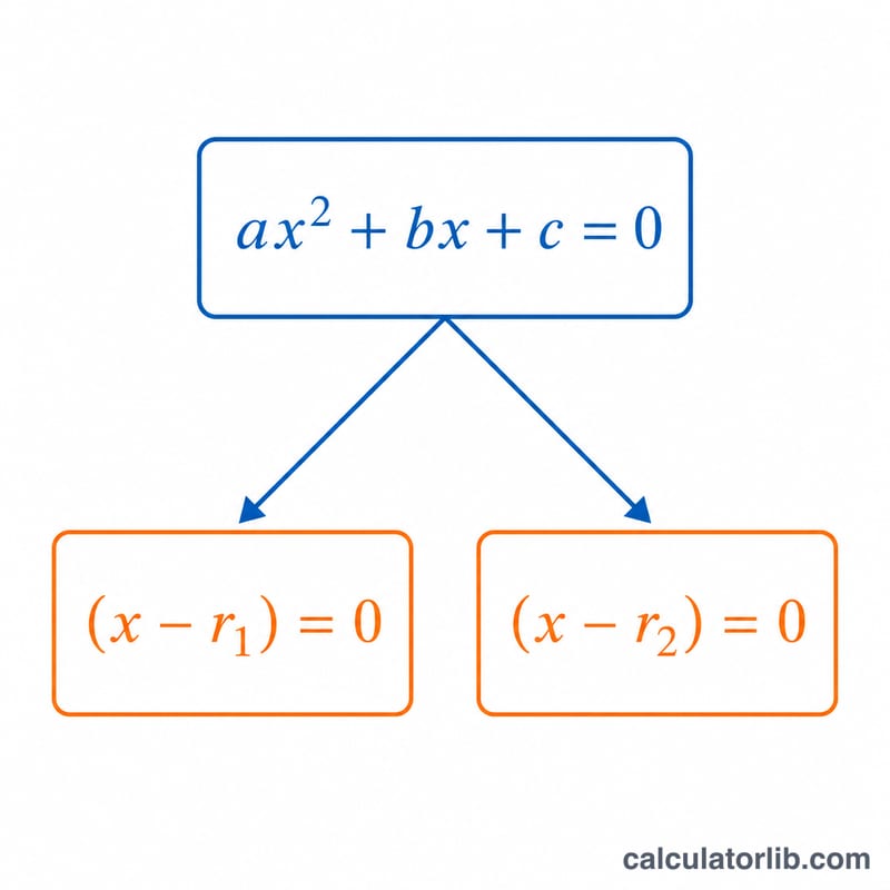 Diagram showing a quadratic expression splitting into two factor terms each set to zero