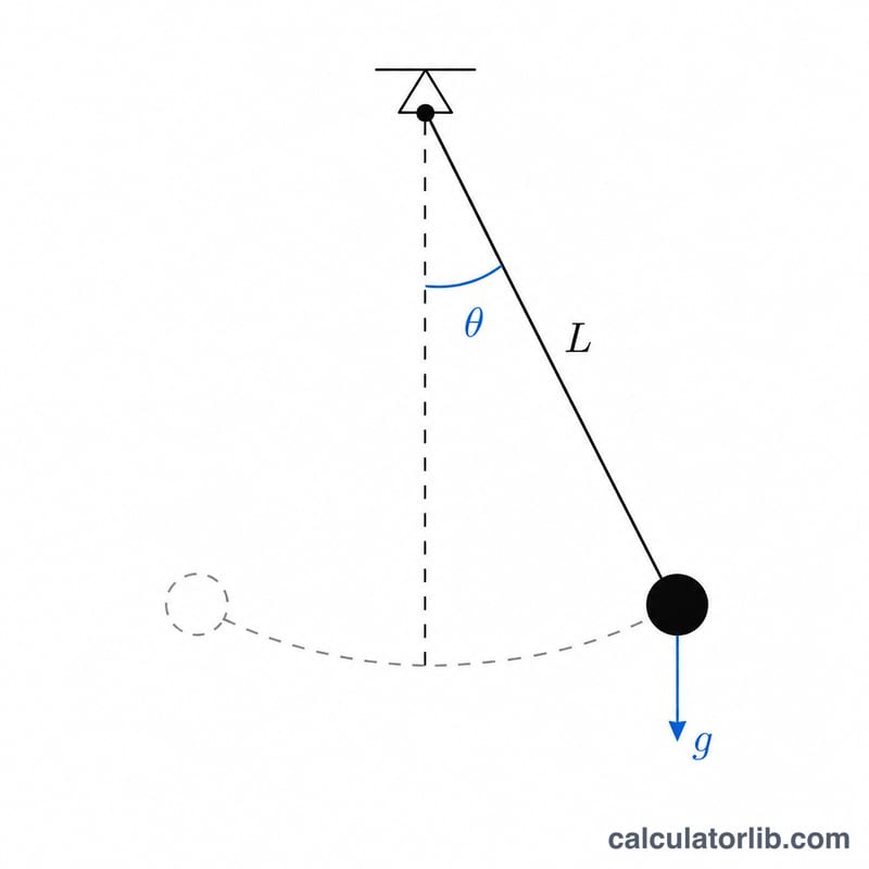 Sơ đồ con lắc đơn cho thấy điểm treo, dây dài L, quả nặng dao động và góc theta so với phương thẳng đứng