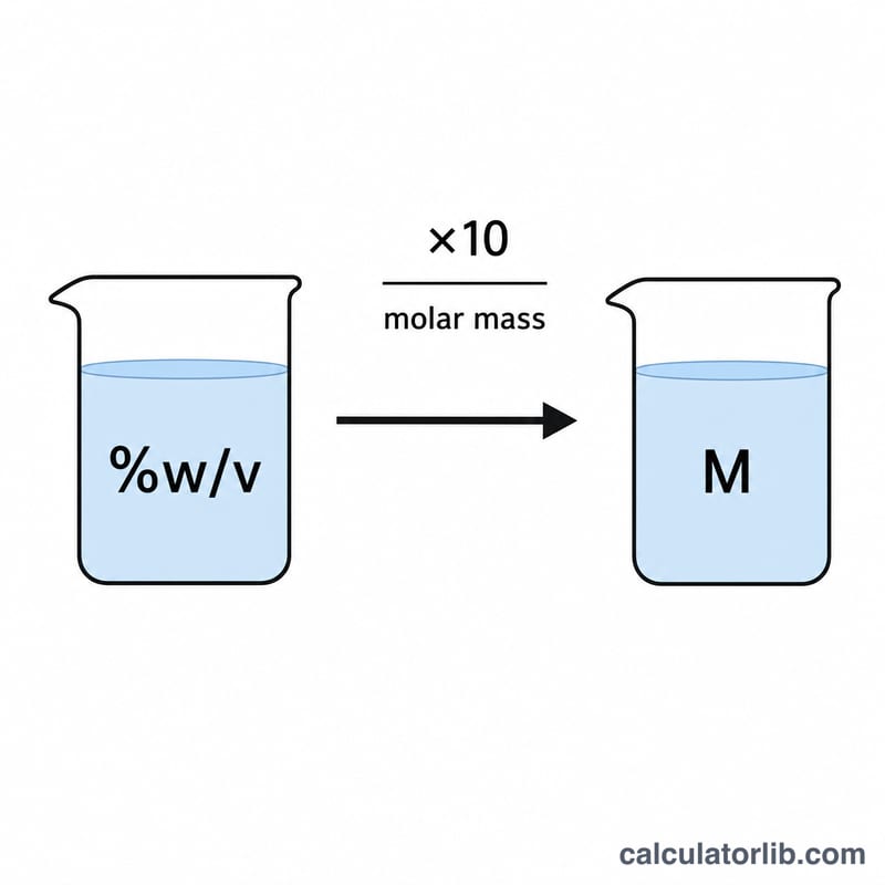 Diagram showing percent weight per volume converting to molarity using molar mass