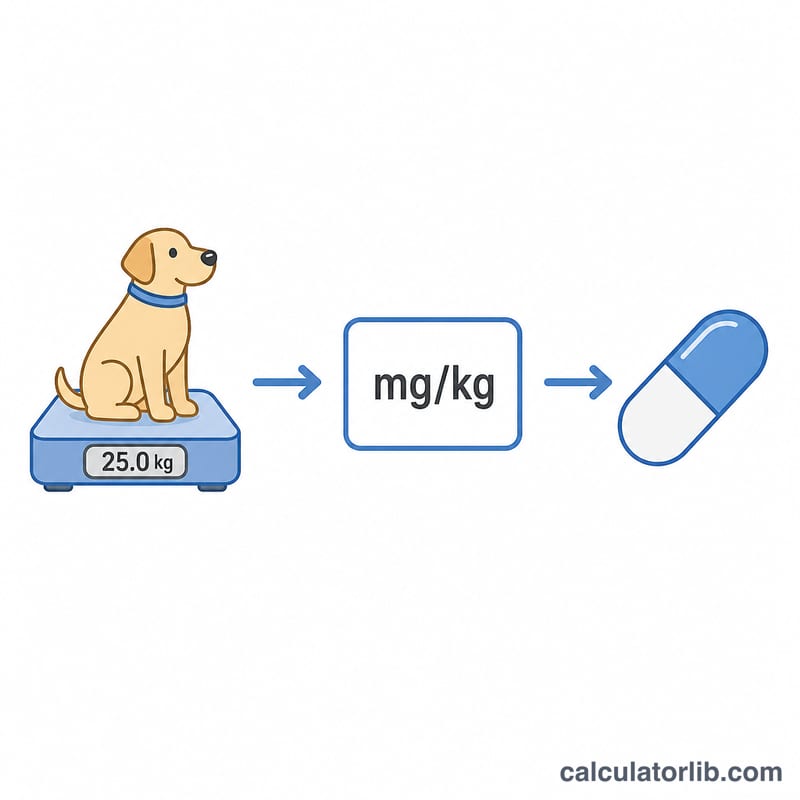 Diagrama de flujo que muestra peso del perro por miligramos por kilogramo igual a dosis en miligramos