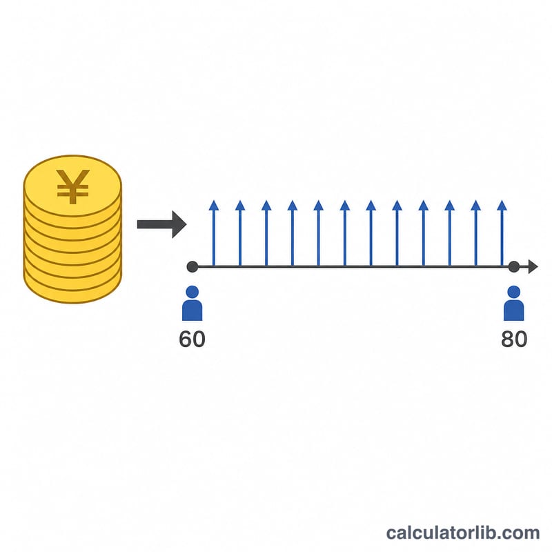 1つの一時金がタイムラインに沿って均等な年金の年払いに分割される様子を示す図