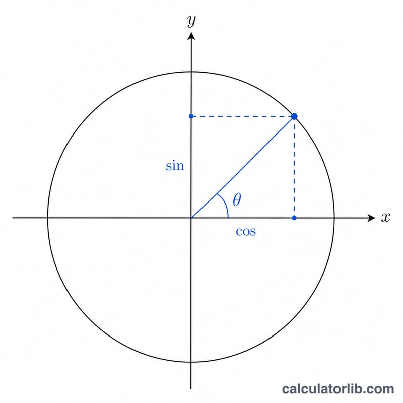 Unit circle showing an angle theta with the point coordinates representing cosine and sine, and tangent line segment