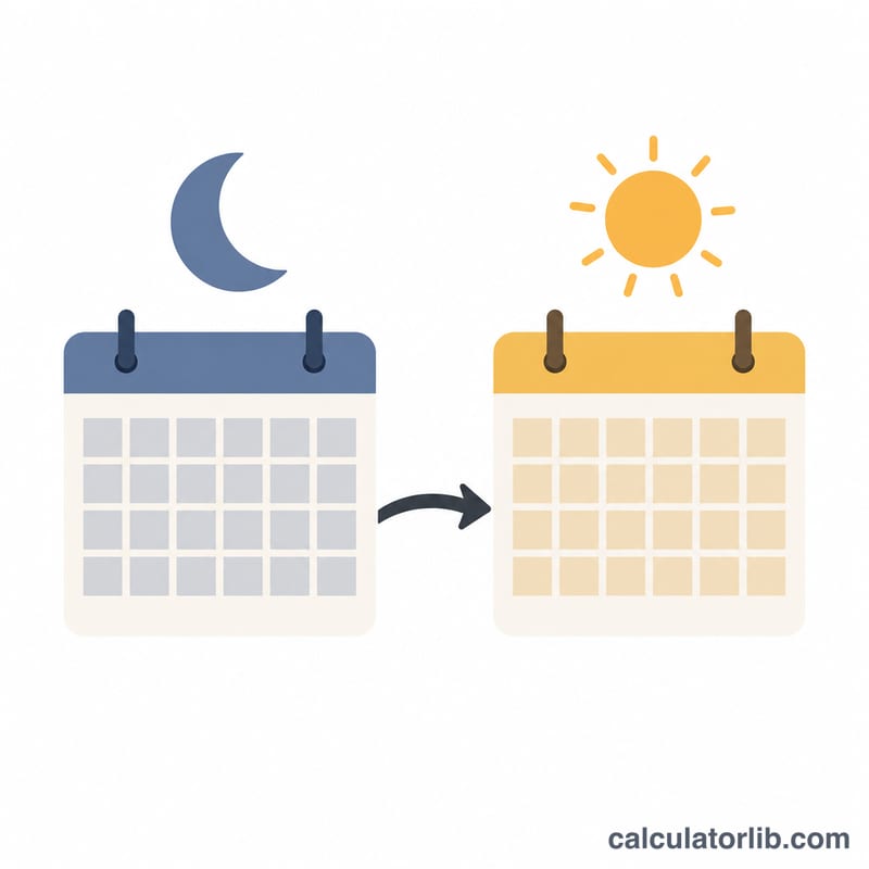 Two side-by-side calendar pages, one lunar with a crescent moon, one solar with a sun, linked by a conversion arrow