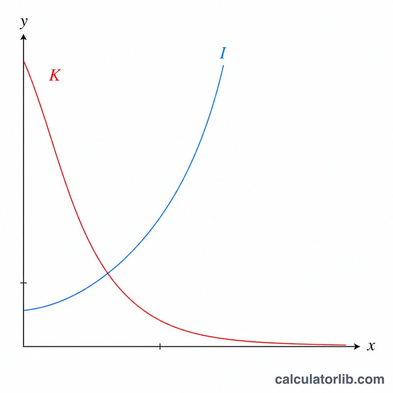 Two curves showing modified Bessel functions of the first and second kind versus x